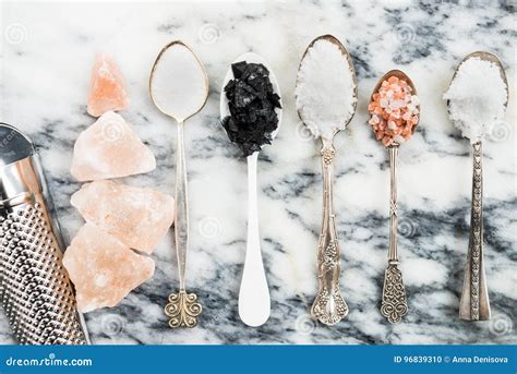 Different Kinds of Salts in Spoons Stock Photo - Image of cubes ...