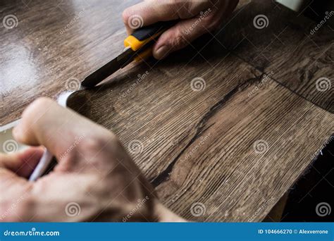 Cutting of Linoleum and Floor Coverings Stock Photo - Image of laying ...