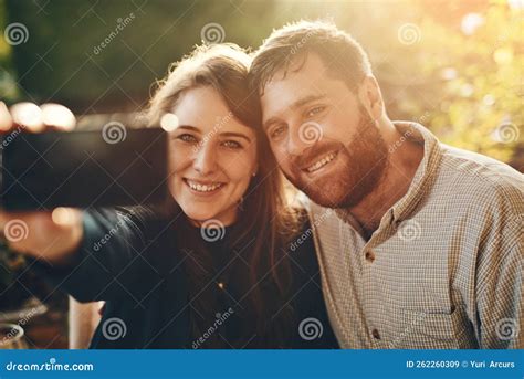 Happy, Phone and Couple Love To Take a Selfie at an Outdoor Restaurant ...