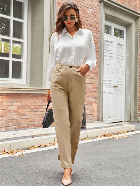 High Waist Slant Pockets Pants | Khaki pants outfit women, Casual white ...