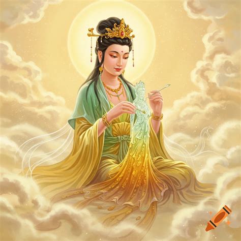 A vibrant illustration of the Chinese goddess Nuwa sitting in golden ...