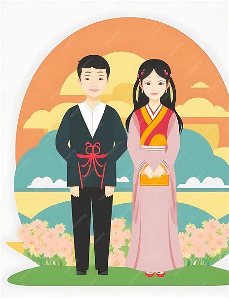 Premium Photo | Flat illustration asians japan couple in national clothes