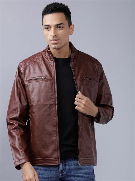 Men Burgundy Solid Leather Jacket | QAWACH - Qawach Leather