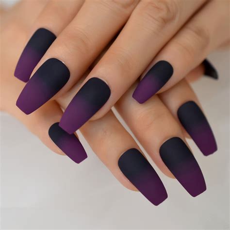 Matte Flat Coffin French Nails Fake Press On Long Medium Ombre Purple ...