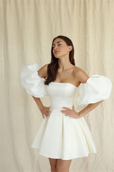 Emily Dress With Detachable Puffy Sleeves, Mini Satin Wedding Dress ...