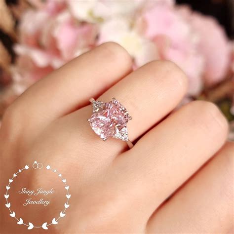 Pink Diamond Ring, 3 Stone Style Engagement Ring, 3 Carats Cushion Cut ...