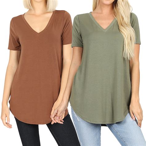 Women Short Sleeve V Neck Round Hem Relaxed Fit Casual Tee Shirt Top ...