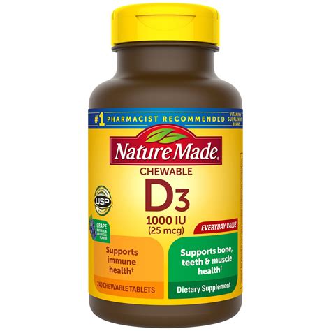 Nature Made Vitamin D3 1000 IU (25 mcg) Chewable Tablets, 240 Count ...