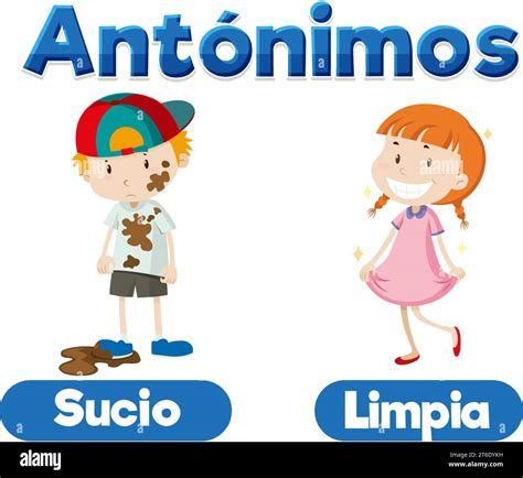 A vector cartoon illustration of antonyms in Spanish language dirty and ...