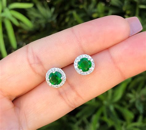 Green Emerald Round Halo Earrings. Green Emerald Stud Earrings. Round ...