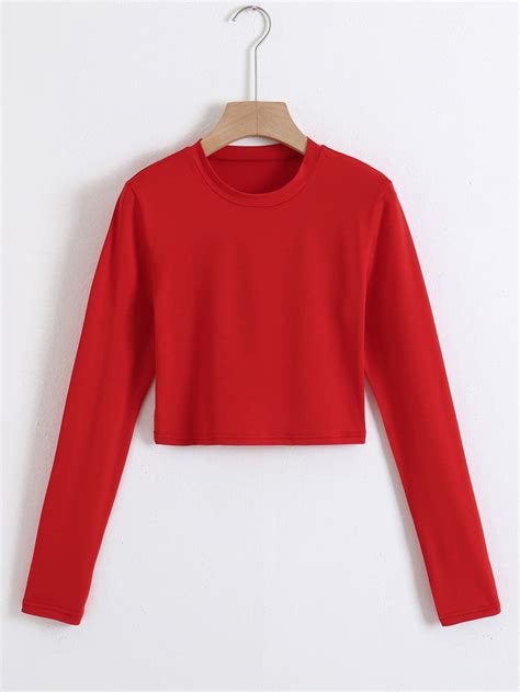 Solid Round Neck Tee - Red Casual Long Sleeve Women's Shirt