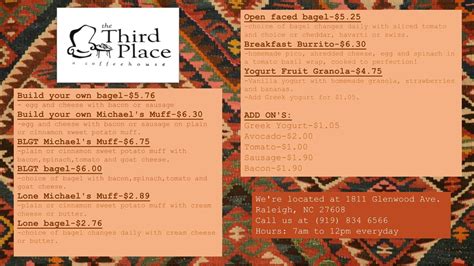 Menu at The Third Place Coffee Shop cafe, Raleigh