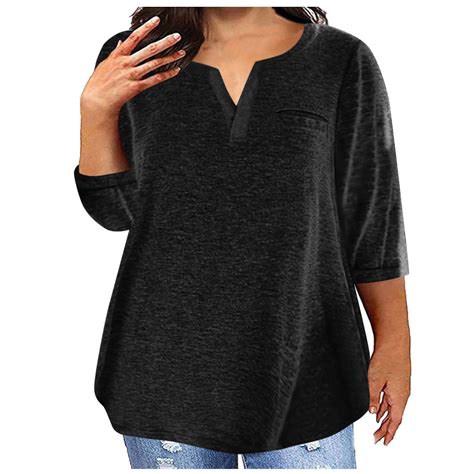 ZyeKqe Women's Plus Size Tops 3/4 Sleeve Shirts Casual V Neck T Shirts ...