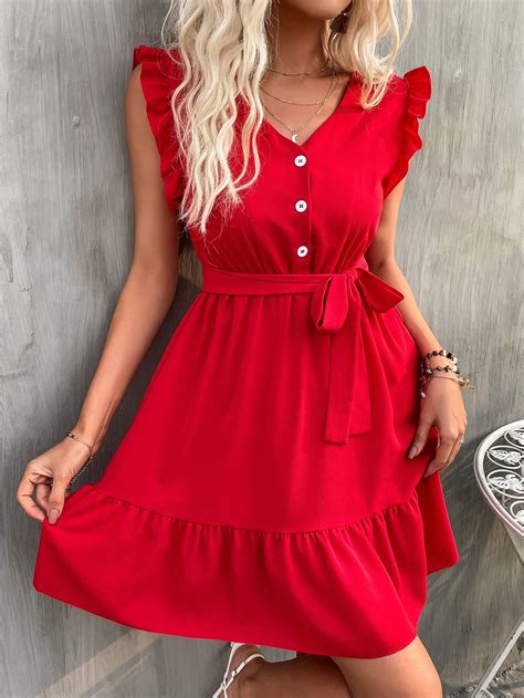 Quarter Button Ruffle Hem Belted Dress | Beautiful casual dresses ...