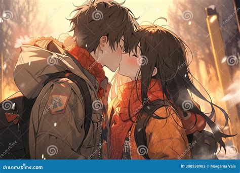 Anime Kiss of Couple Boy and Girl on the Street Stock Illustration ...