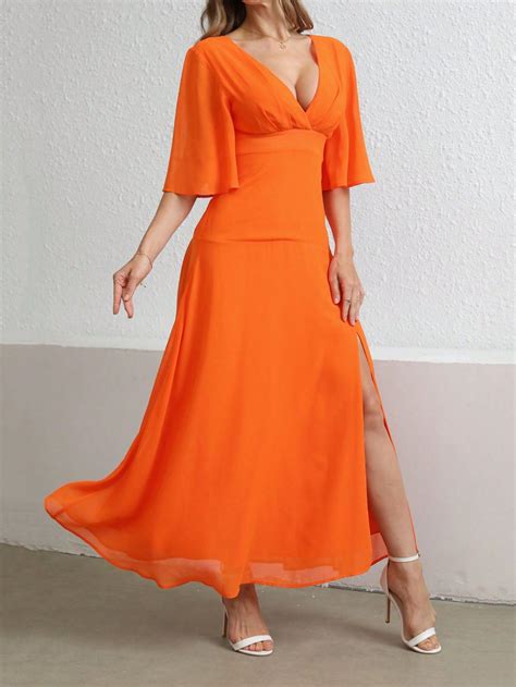 Women's Orange V-Neck Ruffle Sleeve Long Dresses,V-Neck Dress,Ruffle ...