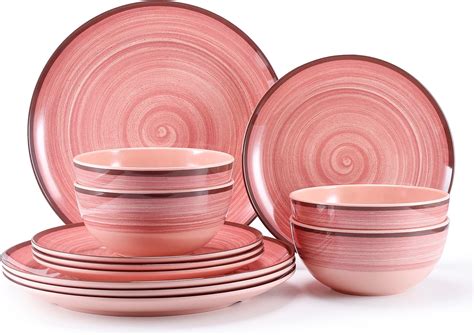 12Pcs Melamine Dinnerware Set, Plates and Bowls Sets for 4, Pink Color ...