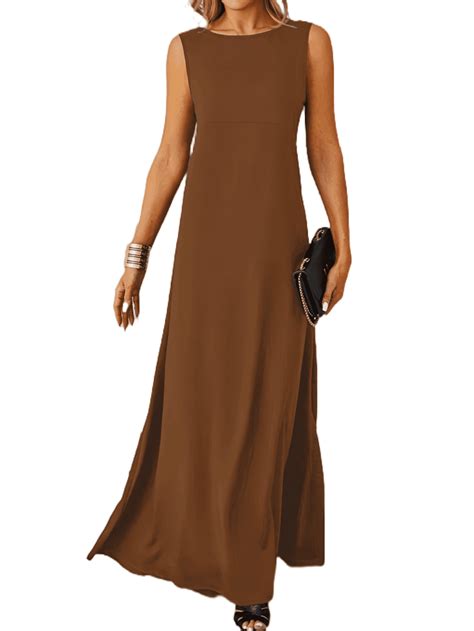 Mengpipi Womens Dresses Sleeveless Elegant Crew Neck A-Line Maxi ...