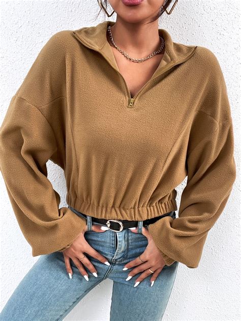 Half Zipper Drop Shoulder Crop Fleece Sweatshirt | Sweatshirt fleece, Sweatshirts, Sweatshirts women