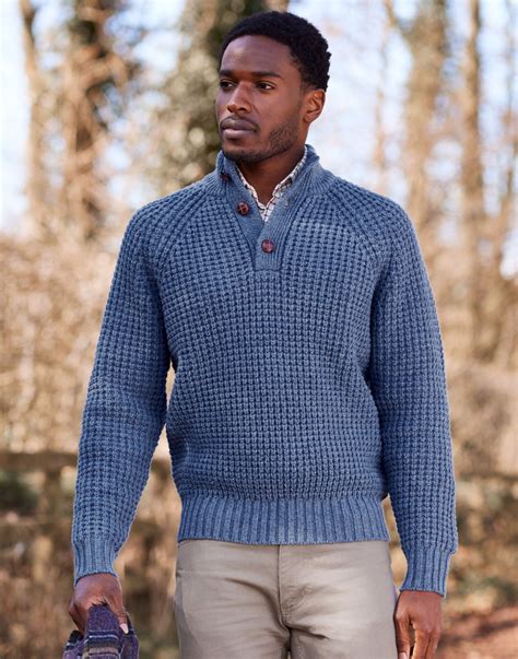 Waffle Button Neck Jumper - Blue | Joseph Turner