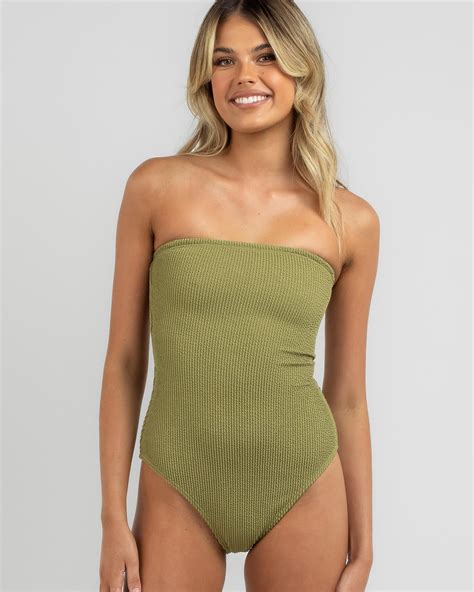 Shop Billabong Summer High Bandeau One Piece Swimsuit In Olive - Fast ...