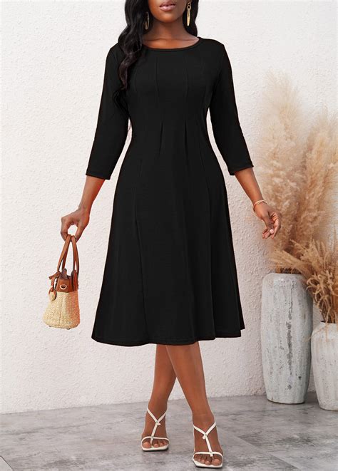 Black 3/4 Sleeve Round Neck Dress | Rosewe.com - USD $35.98