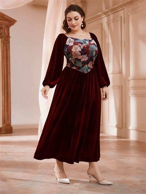 Plus Floral Print Sweetheart Neck Lantern Sleeve Velvet Dress | Sleeved ...