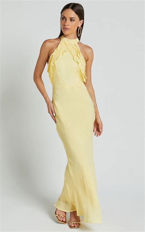 Asha Maxi Dress- High Neck Ruffle Detail Dress in Banana | Long sleeve ...