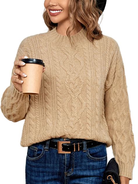 WIPONKEN Cable Knit Sweaters for Women 30% Wool Sweaters Crew Neck ...