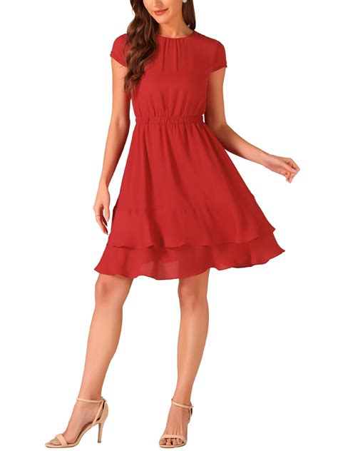 INSPIRE CHIC Women's Crew Neck Cap Sleeve A-Line Layered Ruffled Mid ...