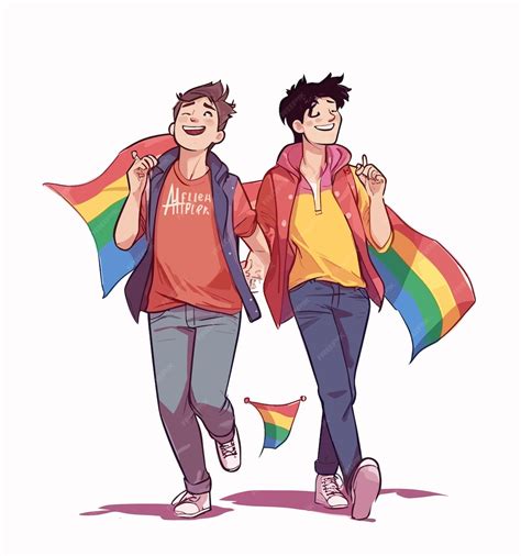 Una ilustración de dibujos animados de dos hombres homosexuales en el desfile del orgullo LGBT ...