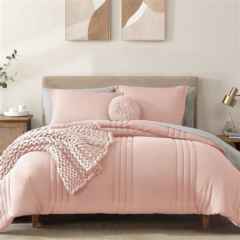 Amazon.com: Monbix Queen Comforter Set - 7 Pieces Light Pink Bed in a ...