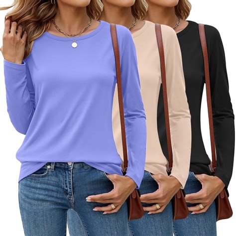 MOSHU 3 Pack T Shirts for Women Crew Neck Long Sleeve Womens shirts ...