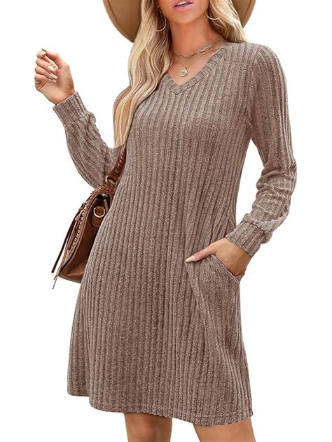 SIEANE Womens Long Sleeve Sweater Dresses V Neck Casual Fall Dresses ...