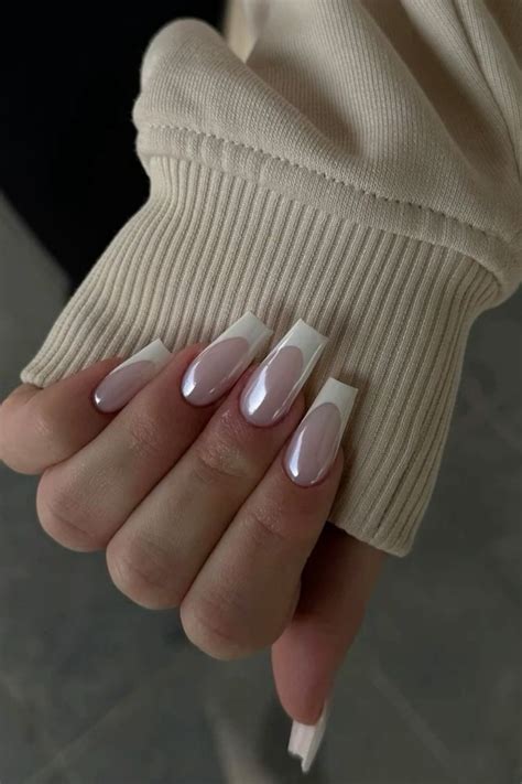 Chrome coffin french tip nail idea inspo | White french tip nails ...