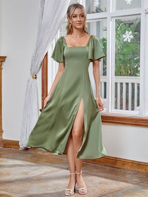 Satin Split Shirred Back A-line Dress | Bridesmaid dresses with sleeves ...