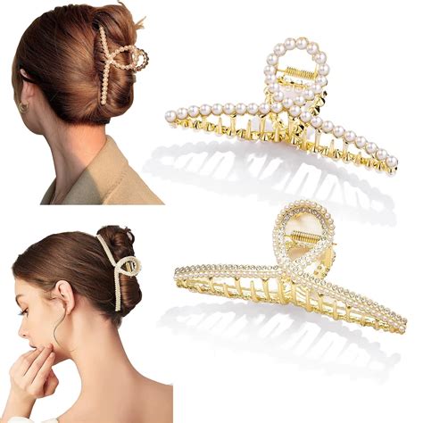 Amazon.com : Pretty Pearl Hair Clips Set, Fancy Gold Metal Claw Clips ...