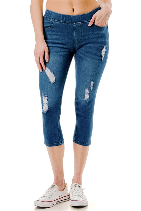 Women's Pull On Ripped Capri Jeans With Side Slit Stretch Denim Capris ...