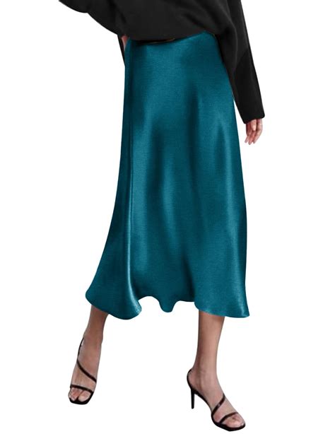 Zeagoo Womens Silk Skirts Midi Length Blue Skirt Sexy Satin Fall Midi ...