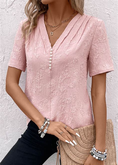 Pearl Pink Short Sleeve V Neck Blouse | Rosewe.com - USD $34.98