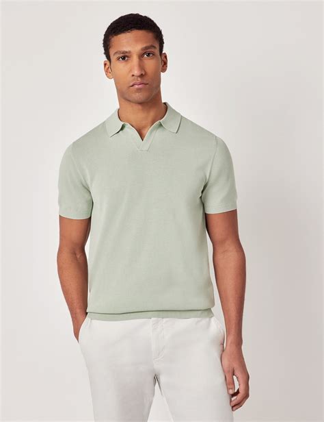 Men's Light Green Open Collar Knitted Cotton Polo Shirt – Short Sleeve ...