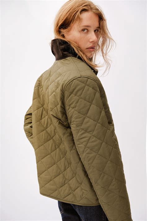Women's Khaki green Quilted Jacket with Corduroy Collar | H&M CA