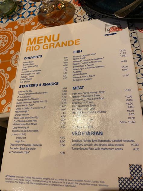 Menu at Restaurante Rio Grande, Lisbon