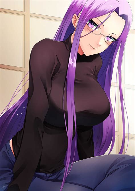 curvy, purple hair, women with glasses, anime, purple eyes, sitting ...