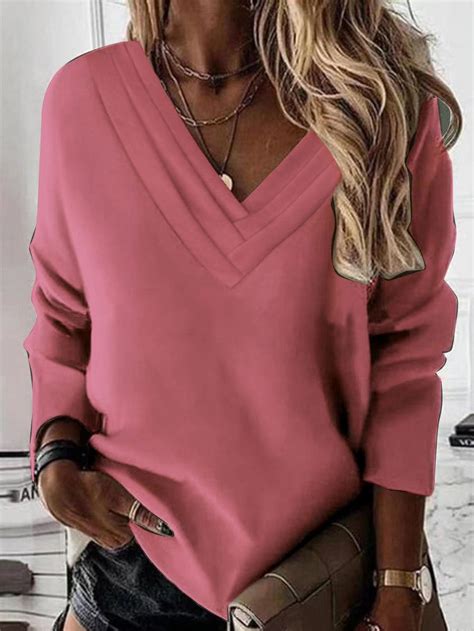 JNGSA Women V Neck Sweatshirts Casual Long Sleeve Oversized Pullover ...