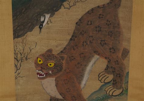 Korean Minhwa Jakhodo Tiger and Magpie Scroll Painting on Silk, 19th ...