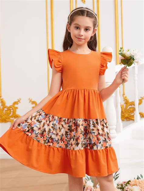 Orange Casual Collar Cap Sleeve Woven Fabric Floral A Line Embellished ...