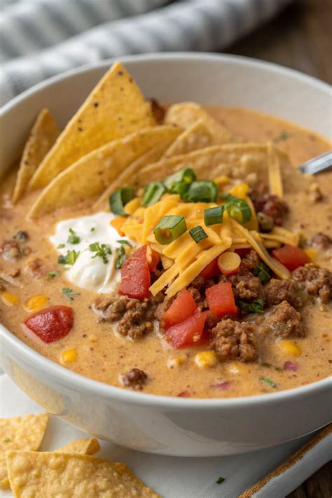 Creamy Cheesy Ground Beef Taco Soup Recipe | Soup with ground beef ...