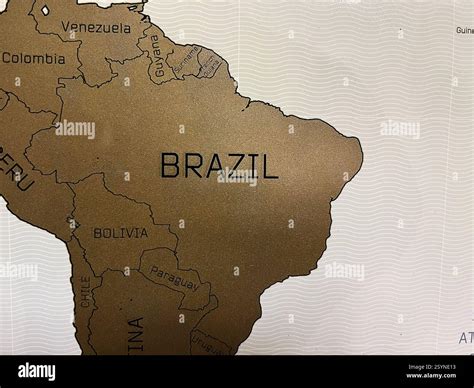 Detailed depiction of Brazil and neighboring countries on a golden-colored map design Stock ...