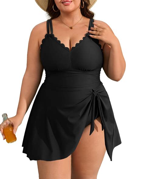Charmo Women Plus Size Swim Dress Swimsuit Scallop Trim One Piece Tummy ...